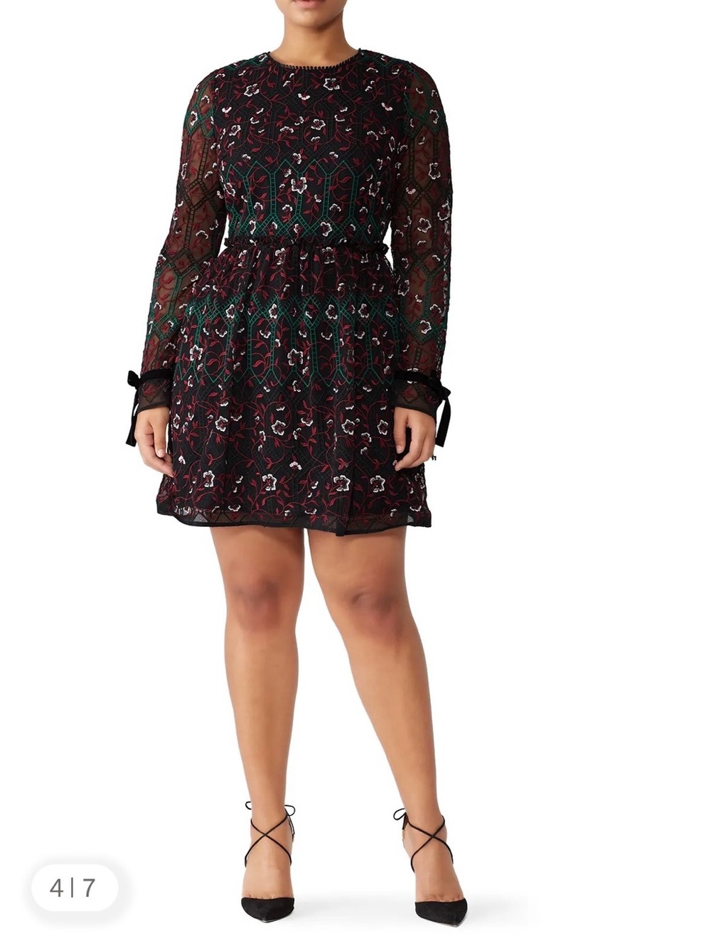 Monique Lhuillier Vine Embroidered Velvet Bow Trim Mini Dress - size 16